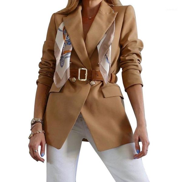 

fashion female suit jacket solid color tailored collar long sleeve greatcoat with waistband for women khaki/black/blue1, Black;brown