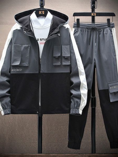 

men letter graphic colorblock hooded jacket & cargo pants without w54h#, Gray