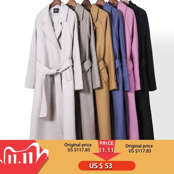 

ies wool coat womens long coat jacket 50% wool korean ladies outwear covered button 201104, Black