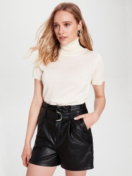 

2020 fashion high waist shorts girls elegant leather belted bottoms wide legged autumn winter women1, White;black