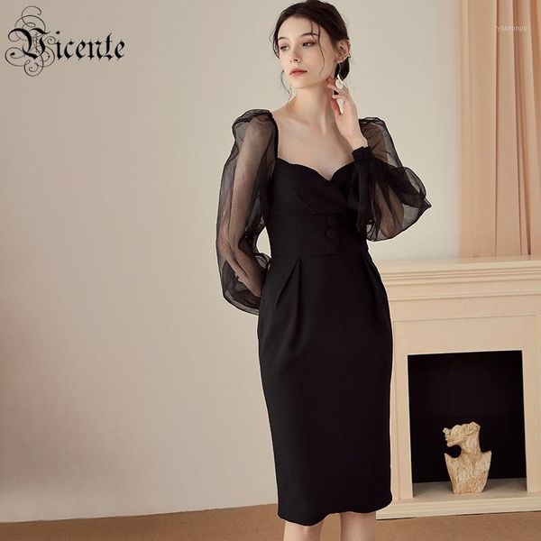 

vc 2020 all new chic long puff sleeves buttons embellished celebrity party knee length dress1, Black;gray