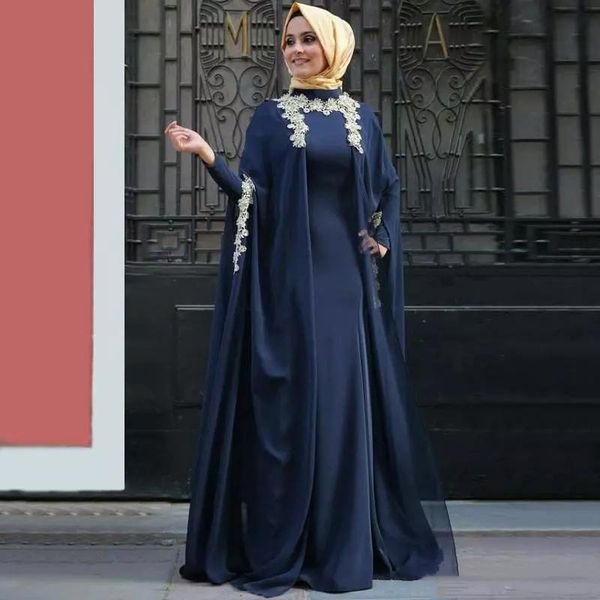 Bescheidene muslimische islamische Dark Navy Hijab Abendkleider für Frauen 2021 High Neck Long Sleeves Spitze Arabisch Dubai Formal Event Wear Prom Dress