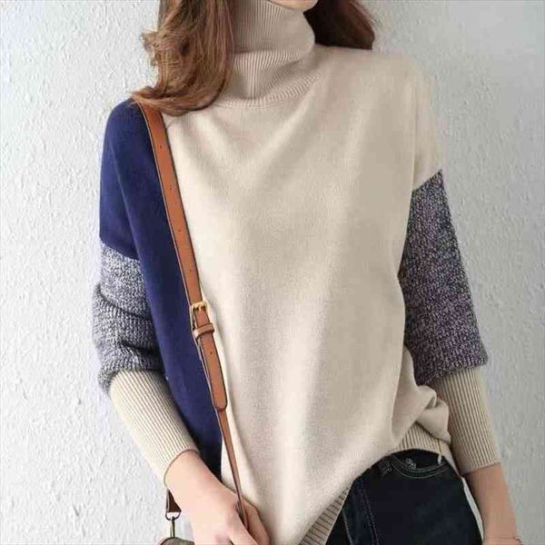 

chic irregular color stitching turtleneck sweaters women winter warm casual loose long sleeve office lady sweet sweaters, White;black