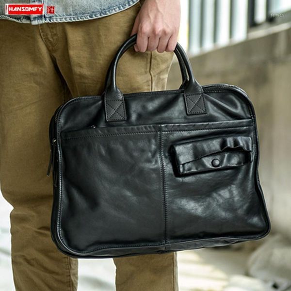 

leather men's briefcase men cross section casual handbags computer bag high-end retro soft black leather portable business bags1