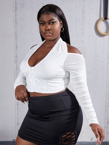 

sxy plus cold shoulder zipper ruched crop tee r8lt#, Black