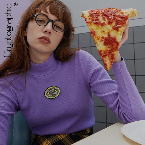 

cryptographic ribbed purple long sleeve casual basic t-shirts women short cropped tee female embroidery letter fashion y200110, White