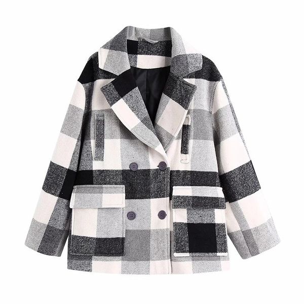 

casual plaid blazer women notched neck elegant lady coat vintage outwear baggy double breasted blazer suits femme veste, White;black