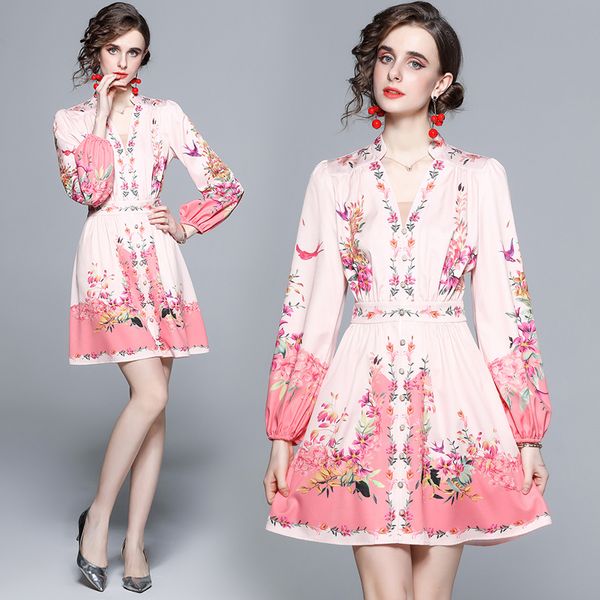 

2022 fashion runway retro floral dress women designer hubble-bubble sleeve party slim a-line pleated dresses spring autumn office lady print, Black;gray