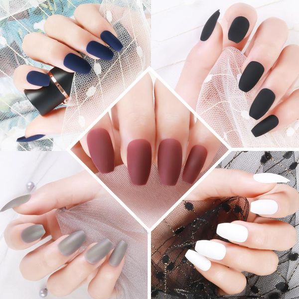 

false nails 24 sheets/set matte fake nail tips ballet red wine removable wearable manicure decoration waterproof jelly, Red;gold