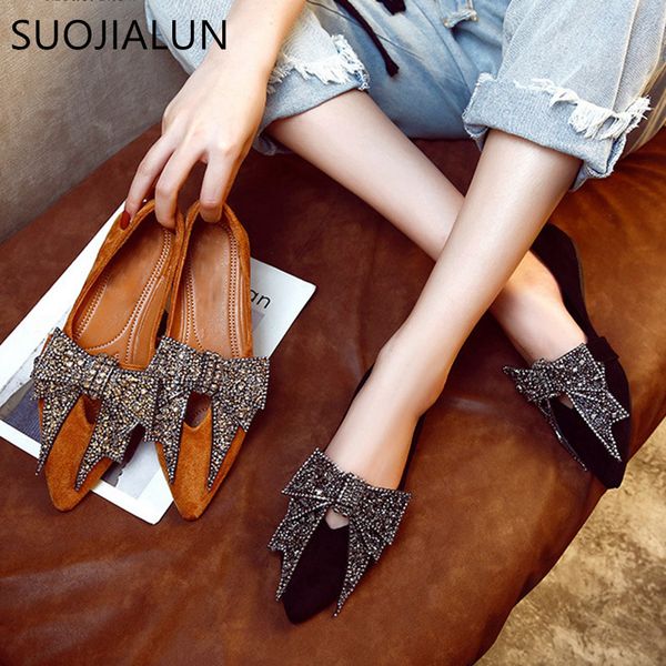 

suojialun women flat elegant fashion women flat ballet shoes bling crystal bow tie pointed toe flats shoes lady shiny flat lj200820, Black