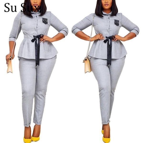 

office lady suit два куска набор женщин наряда плюс размер клетки рэйд отключить воротник высокой талии и длинные брюки установить новую осе, Gray