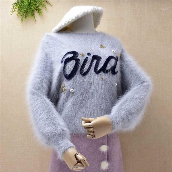 

streetwear women angora fur sweaters letters pearls beading femmn puff sleeve knitted mink cashmere pullovers1, White;black