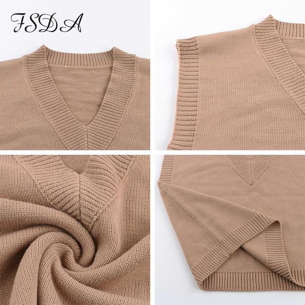 

fsda v neck knitted vest sweater sleeveless women khaki casual pullover black 2020 autumn winter gray jumper fashion q bbydjr, White;black