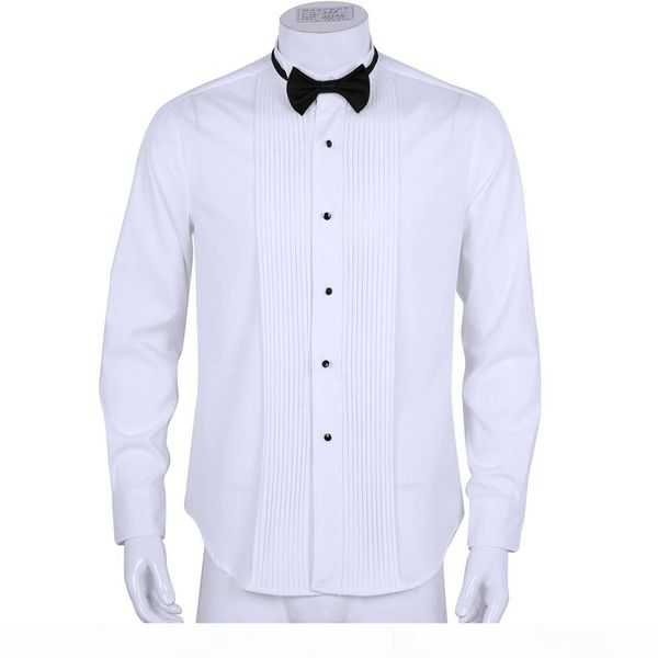 

tiaobug men long sleeve slim fit solid color casual tuxedo dress shirts with bow tie white business formal wedding party shirt, White;black