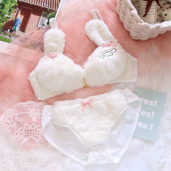

winter limited plush japanese anime sweet no steel ring bra and panty set lolita kawaii girl heart rabbit cute underwear c1211, Black;white