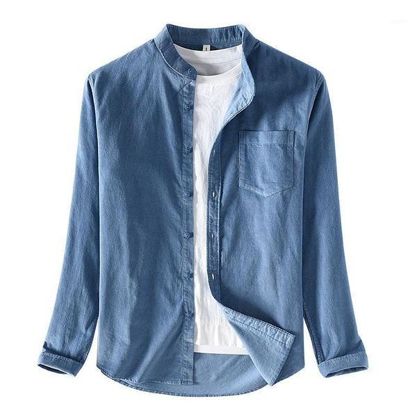 

2019 spring autumn new arrival man fashion cotton corduroy long sleeve large size vintage stand collar solid color male shirts1, White;black