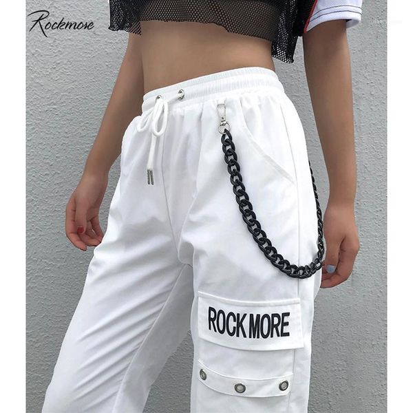 

rockmore black cargo pants with chain pockets women high waist trousers white wide leg pants femme pant winter streetwear fall1, Black;white