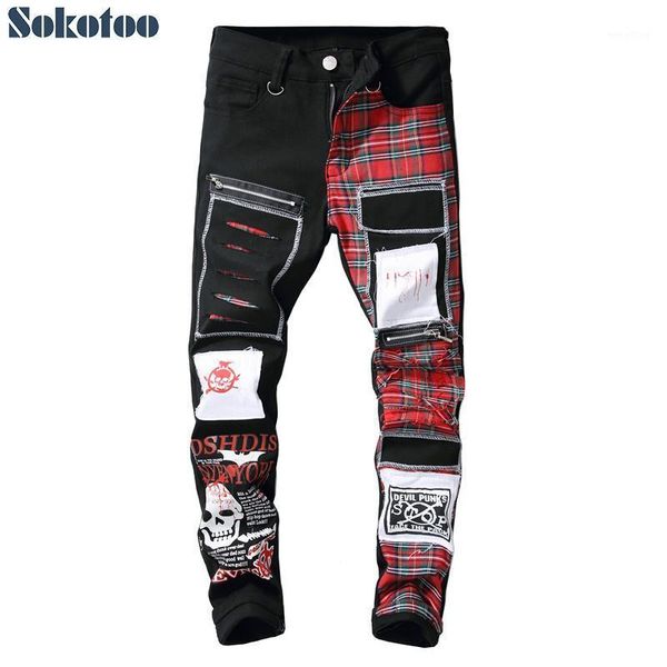 

sokotoo men's skull printed scottish plaid patchwork jeans trendy patches design black ripped distressed denim long pants1, Blue