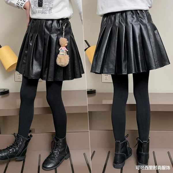 

pleated half length winter foreign sle pu leather girl's spring and autumn short skirt children's, Blue