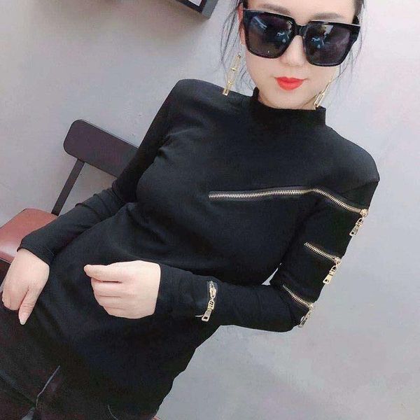 

zipper deco women t-shirts femme strechy cotton t-shirts lady zipper pullovers tp[s drop shipping good quality, White