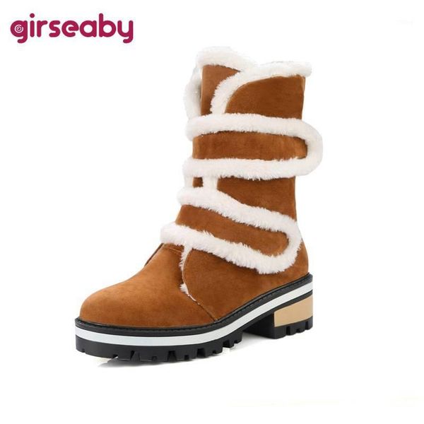 

boots girseaby women snow winter mid-calf round toe striped square thick heel flock fur high platform hook&loop faux suede 431, Black