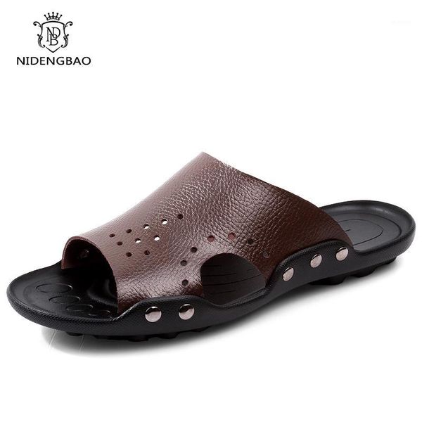 

brand mens split leather slippers men slides summer casual shoes outdoor beach sandals breathable flats shoes couple size 35-471, Black