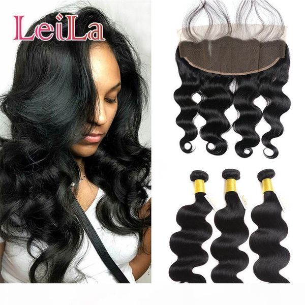 

virgin brazilian body wave bundles with lace frontal closure 13x4 with middle 3 part full lace frontal 4pcs lot 100% human hair, Black;brown