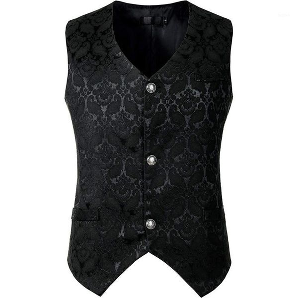 

black steampunk suit vest men gothic victorian single breasted brocade medieval halloween cosplay jacquard waistcoat costume 3xl1, Black;white