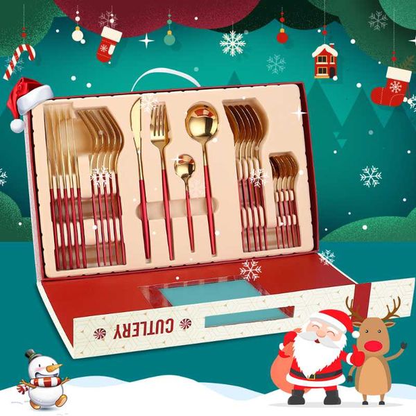 

christmas decorations 2021 ornament cutlery set 24pcs gold dinnerware stainless steel tableware gift knife fork spoon