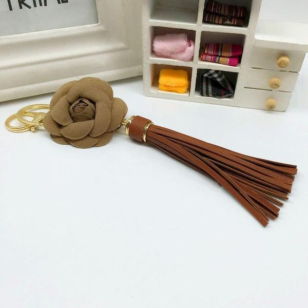 

new arrival camellia flower women leather tassel key chain golden fashion key ring women bag pendant car keychain eh627 h bbymly, Silver