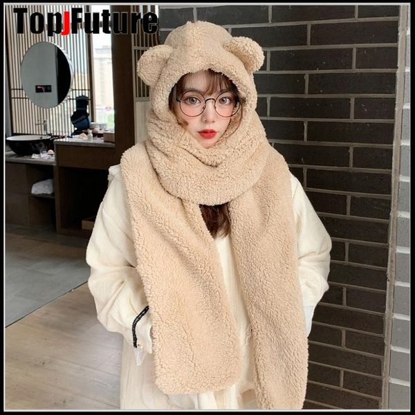 

scarves harajuku cute bear ear scarf hijab hat gloves female one-piece cap winter warm plush shield streetwear drop, Blue;gray