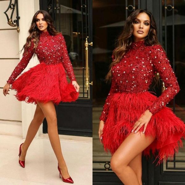 

party dresses 2021 red sequined cocktail long sleeves fur mini skirt short prom gowns beads celebrity dress, White;black