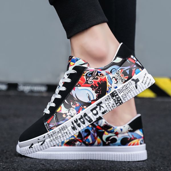 

man new vulcanized men's casual male fashion colorful bow-up canvas sport graffiti board shoes 92aq, Black;brown