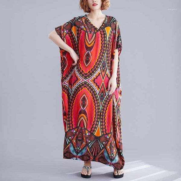 

2020 summer new bohemian women long dress pluz size fashion ladies dress short sleeve print robe women clothing v9241, Black;gray