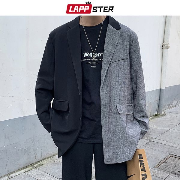 

lappster men patchwork plaid camel korean style blazers 2020 mens single breasted jackets coats autumn designer suit jackets q1216, White;black