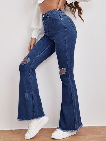 

high waist ripped frayed raw hem flare leg jeans 11nc#, Blue