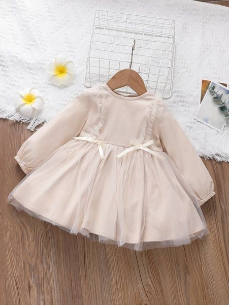 

baby frill trim mesh overlay bow front lantern sleeve dress she, Red;yellow