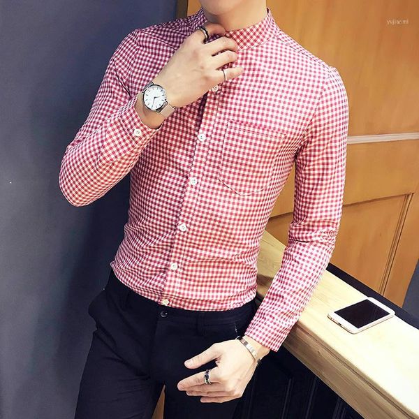 

gzdeerax plaid mens shirts luxury stand collar long sleeve casual mens dress shirts slim fit fashion male1, White;black