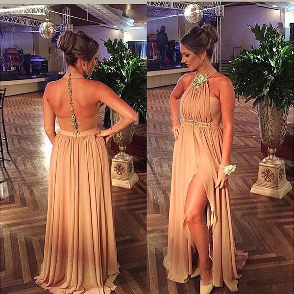 

2021 halter evening dresses chiffon crystals beaded side slit backless floor length custom made prom party gown formal occasion wear, Black;red