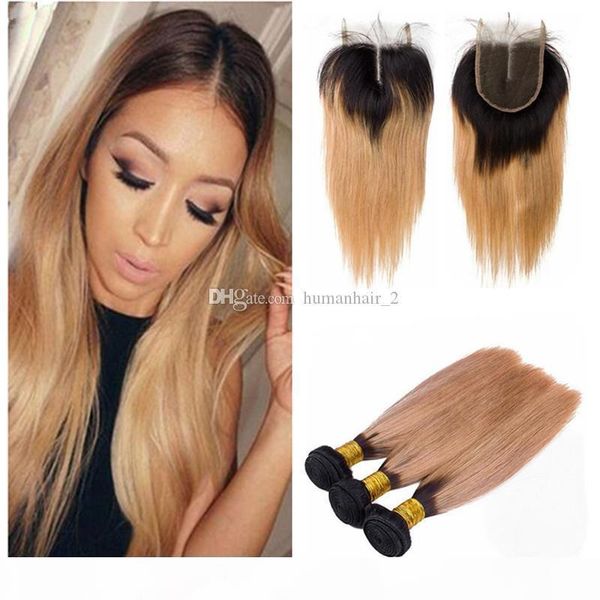 

honey blonde ombre hair with lace closure two tone virgin hair straight ombre strawberry blonde hair extension with lace closure, Black;brown