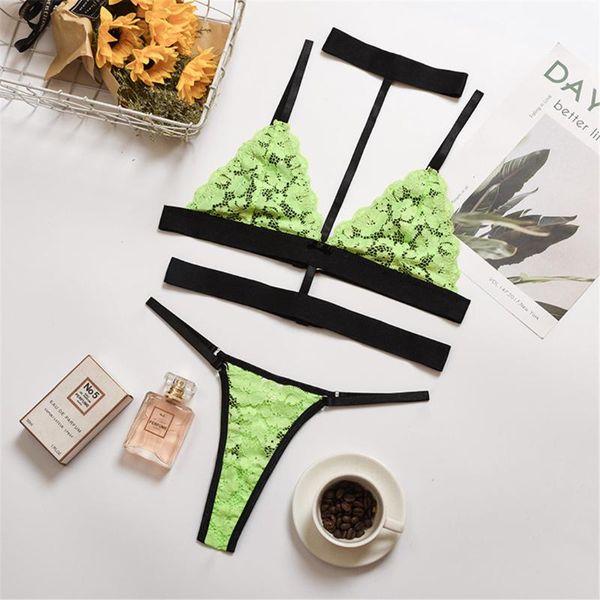 

neon green lingerie underwear set splicing lace lenceria lingerie set women 3 piece erotic lenceria bra lne236, Red;black