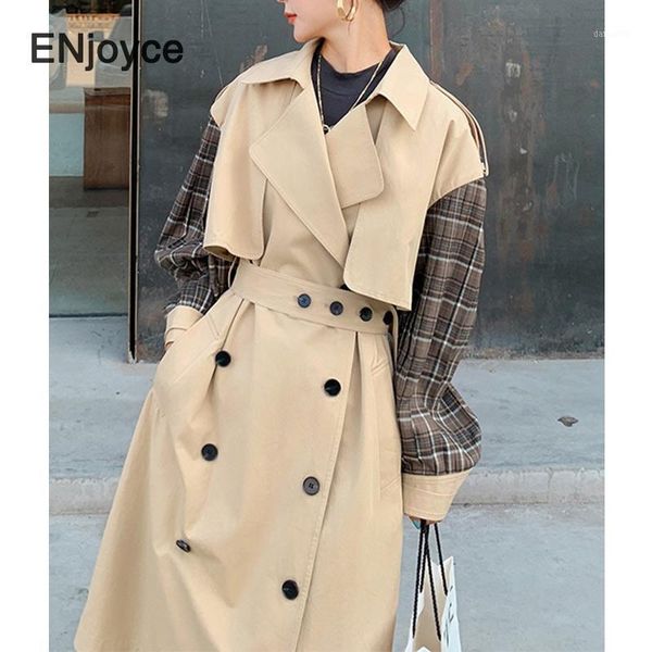 

spring autumn women plaid patchwork jacket coat new fashion double breasted classic khaki trench coats ladies chic windbreaker1, Tan;black