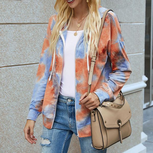 

autumn women's tie-dye zip-up hoodie drawstring long sleeve fashion streetwear casual coat jackets, Black;brown