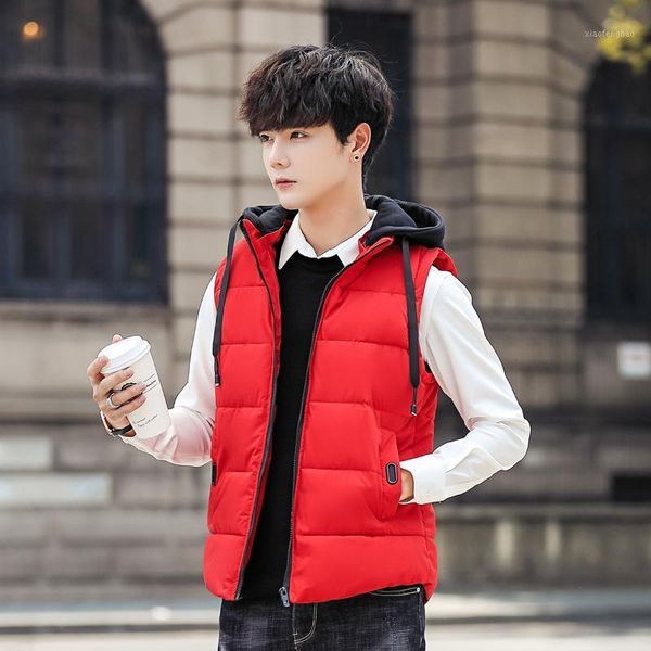 

2020 men's autumn and winter knitted hat cotton vest youth thick warm detachable hat cotton vest1, Black;white