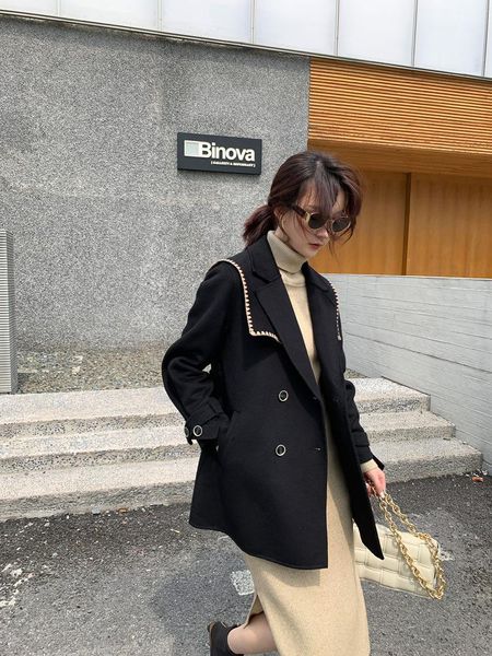 

women's wool & blends joining manufacturers selling brand double-sided cashmere coat long little navy cloth collar in the wind, Black