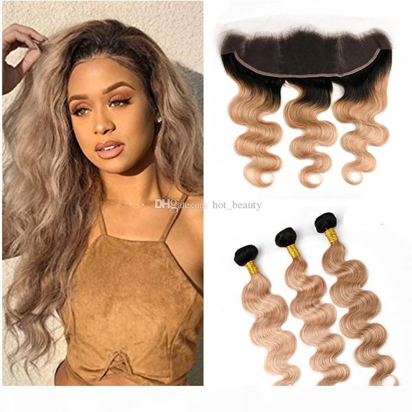 

two tone human hair weaves 1b 27 honey blonde virgin malaysian hair extensions with lace frontal dark roots body wave ombre hair bundles, Black