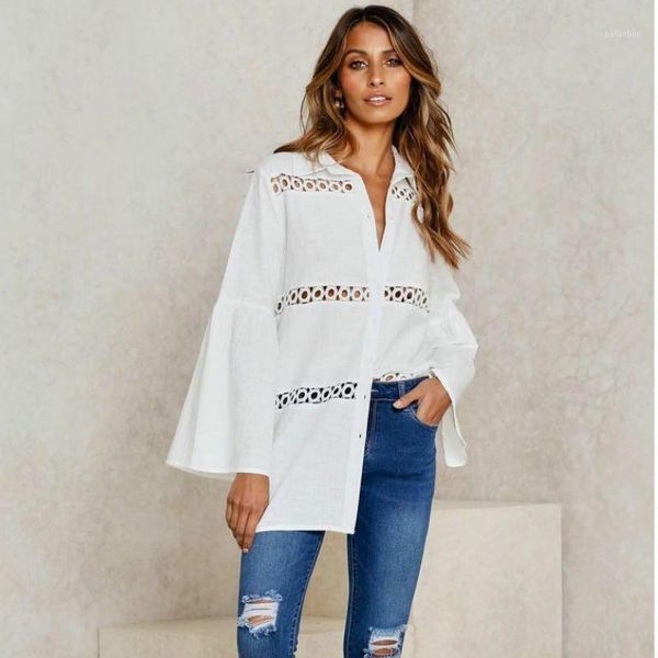 

women's hollow out chiffon shirts solid long sleeves turn down collar single breasted flare sleeves women blouse1, White