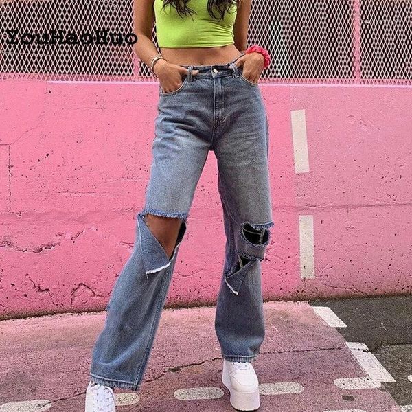

women's jeans 2021 high waist women's fashion loose destroyed hole denim mopping pants casual vintage wide leg trousers1, Blue