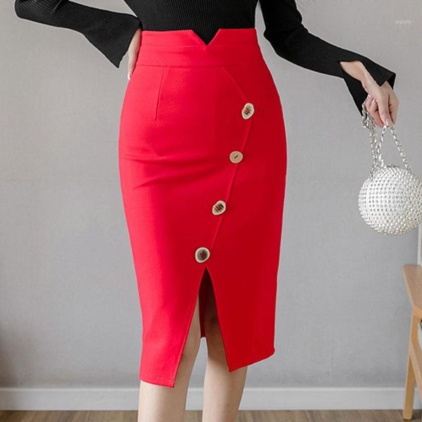 

women's skirts new fashion plus size midi button skirts elastic bodycon package hip skirt for women elegant office pencil1, Black