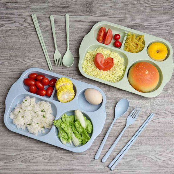 

4pcs set baby cute bowl wheat material children's sectional dinner plate wheat straw material bowl tableware sets plastic solid g1221